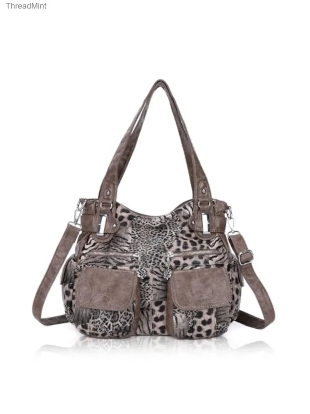 Large Double Zipper Multi Pocket Faux Leather Shoulder Handbag
